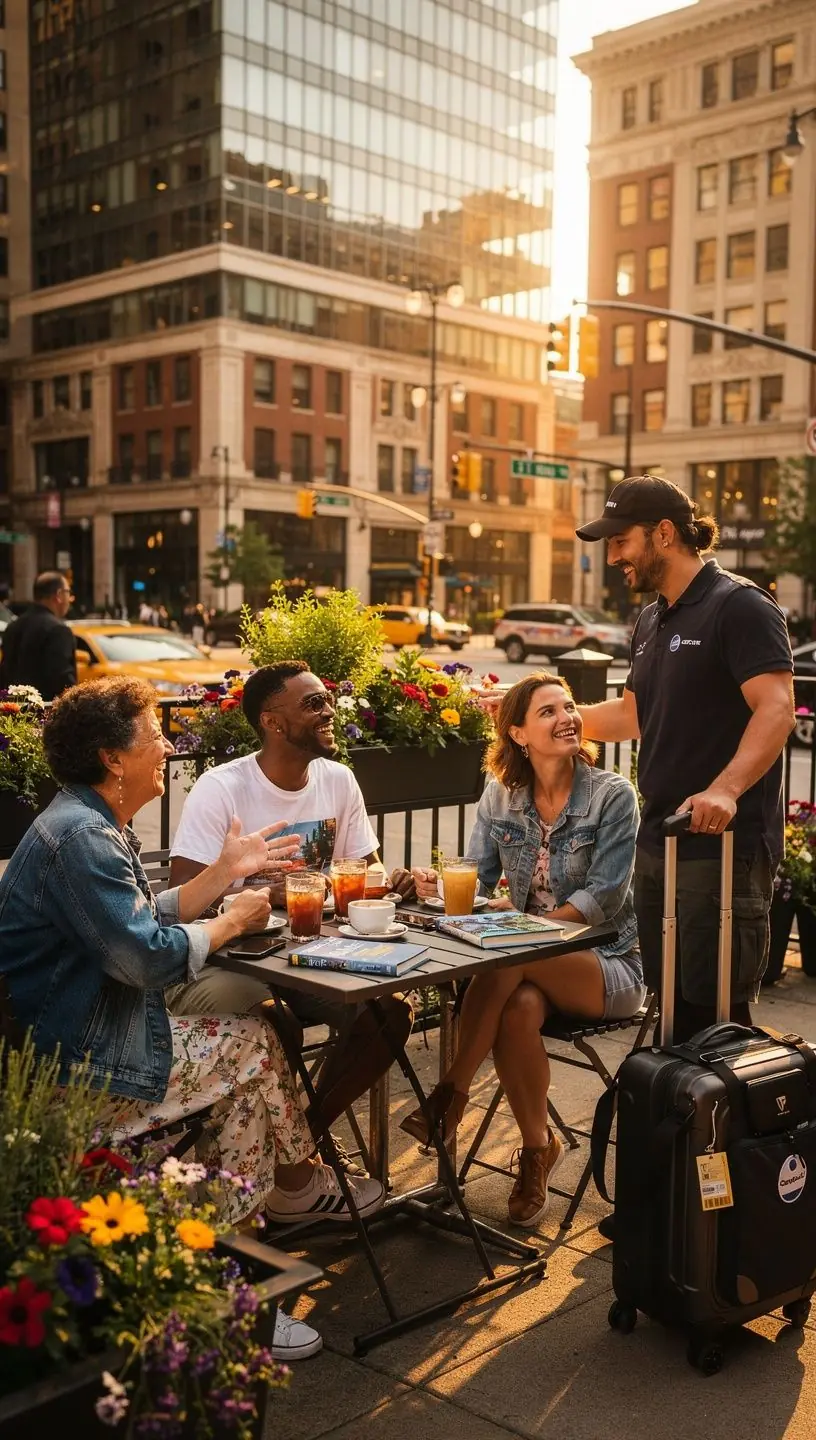 Путешественник в центре города США без багажа, наслаждающийся осмотром достопримечательностей. Курьер с фирменной сумкой компании доставляет багаж клиента прямо в отель. Водитель службы доставки аккуратно загружает чемоданы в автомобиль на фоне городских небоскребов. Турист получает уведомление на смартфон о своевременной доставке багажа в выбранную точку. Карта маршрута службы доставки с отметками отелей и популярных туристических мест. Сотрудник службы поддержки консультирует клиента по вопросам безбагажного туризма и доставки багажа.