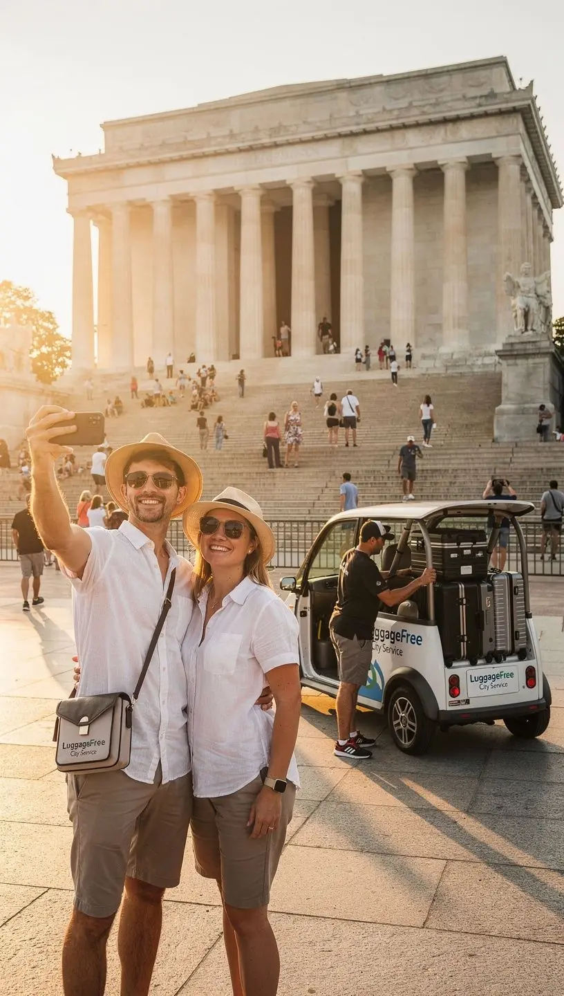 Путешественник в центре города США без багажа, наслаждающийся осмотром достопримечательностей. Курьер с фирменной сумкой компании доставляет багаж клиента прямо в отель. Водитель службы доставки аккуратно загружает чемоданы в автомобиль на фоне городских небоскребов. Турист получает уведомление на смартфон о своевременной доставке багажа в выбранную точку. Карта маршрута службы доставки с отметками отелей и популярных туристических мест. Сотрудник службы поддержки консультирует клиента по вопросам безбагажного туризма и доставки багажа.